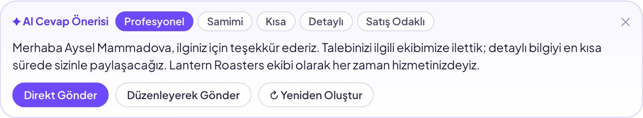 AI reply suggestion with tone and length options and buttons to send directly, edit before sending or regenerate